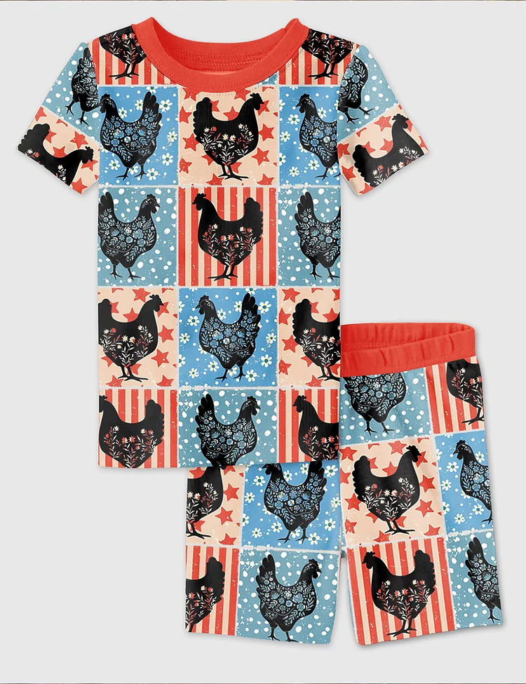 Kid's 4th Of July Patriotic Floral Chicken Pajama Set