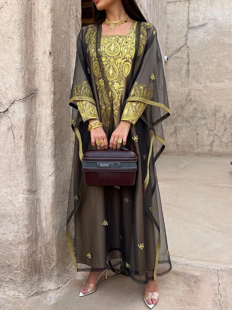 Golden Embroidery Print Dress and Mesh Outerwear