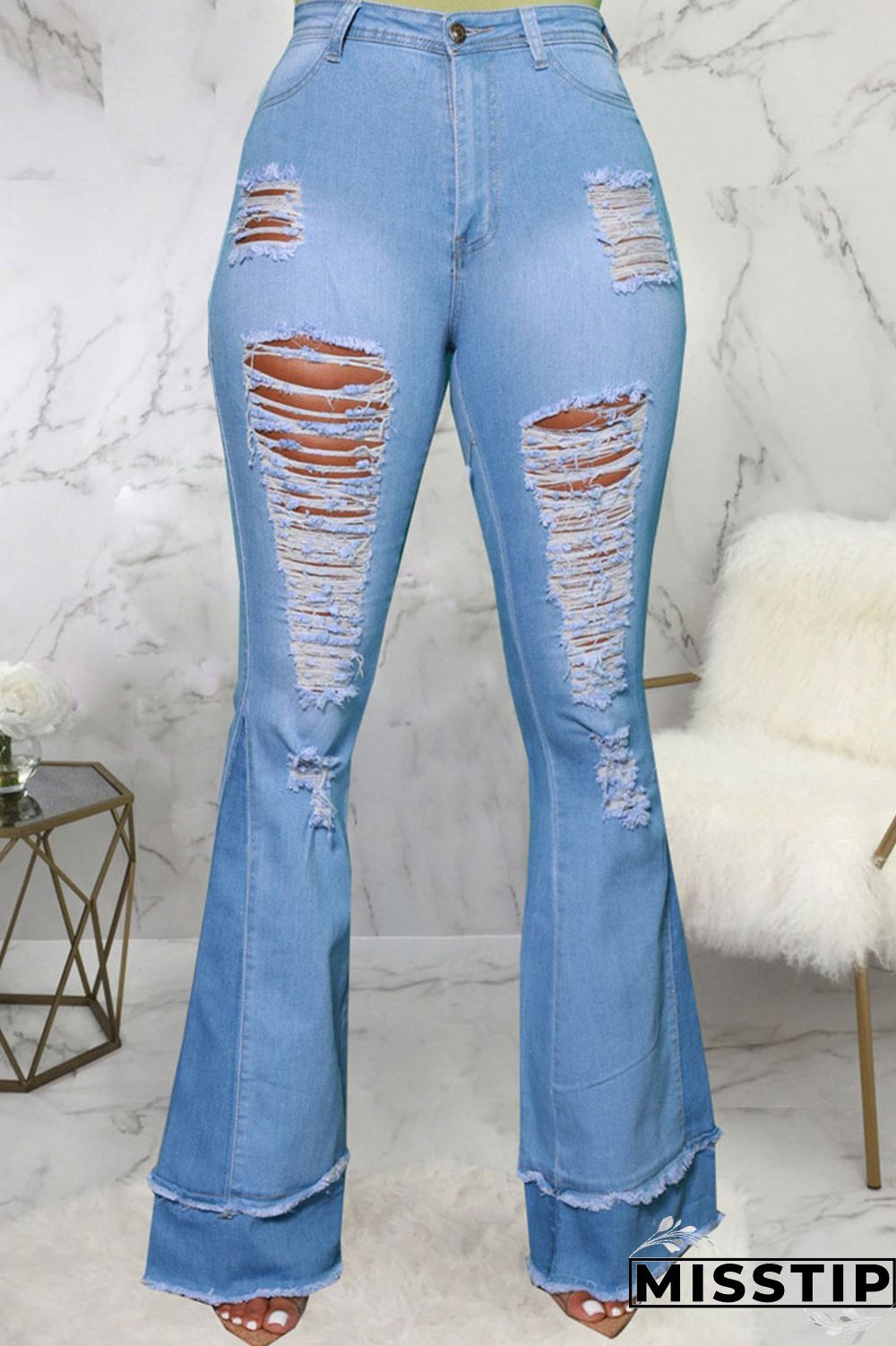 Blue Street Ripped Patchwork High Waist Denim Jeans