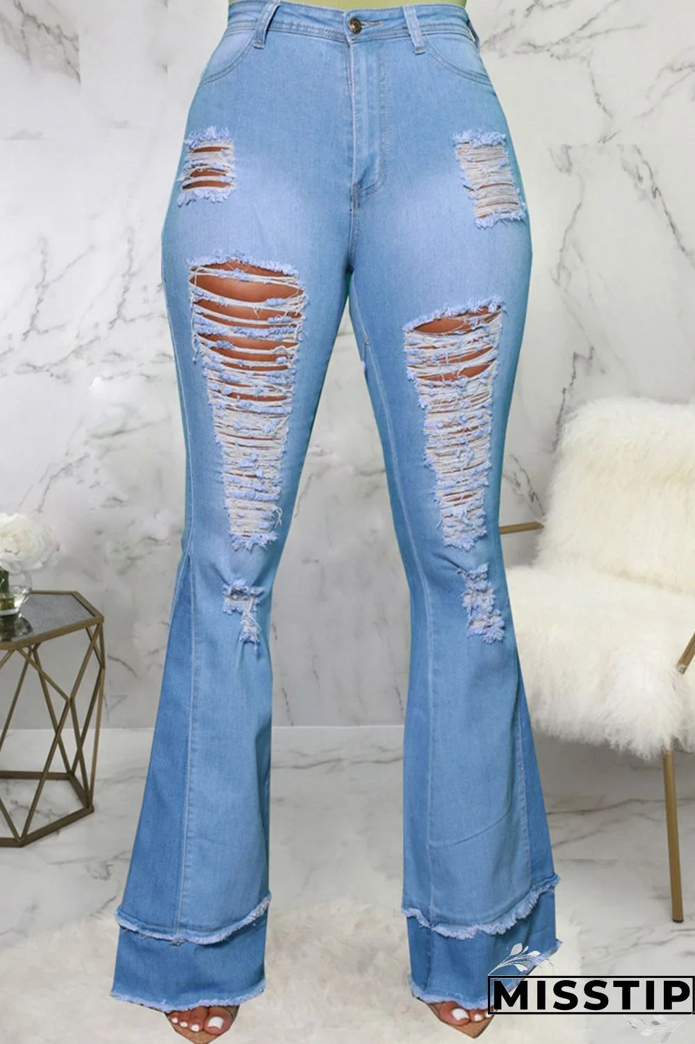 Blue Street Ripped Patchwork High Waist Denim Jeans