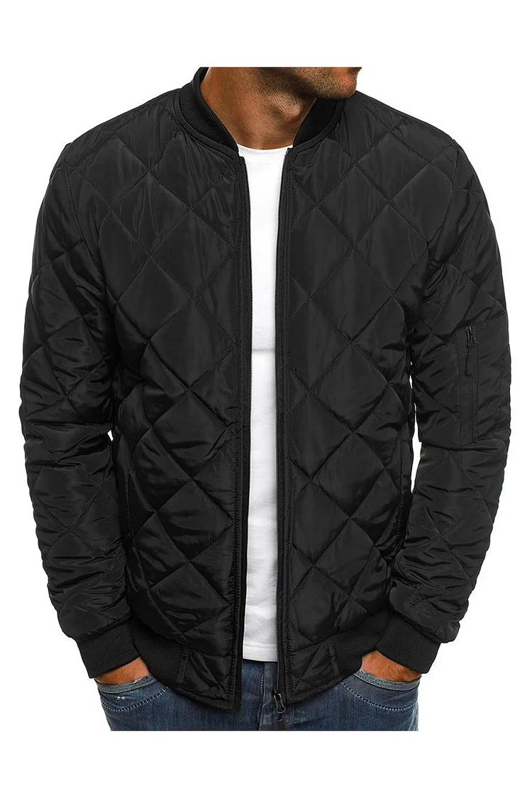 Casual Argyle Contrast Binding Long Sleeve Zipper Padded Jacket