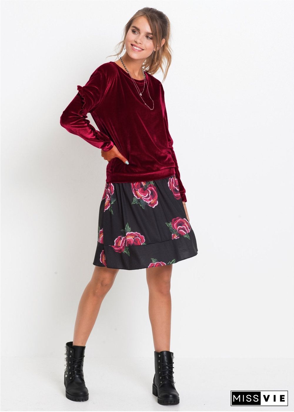Round Neck Velvet Ruffled Velvet Shirt