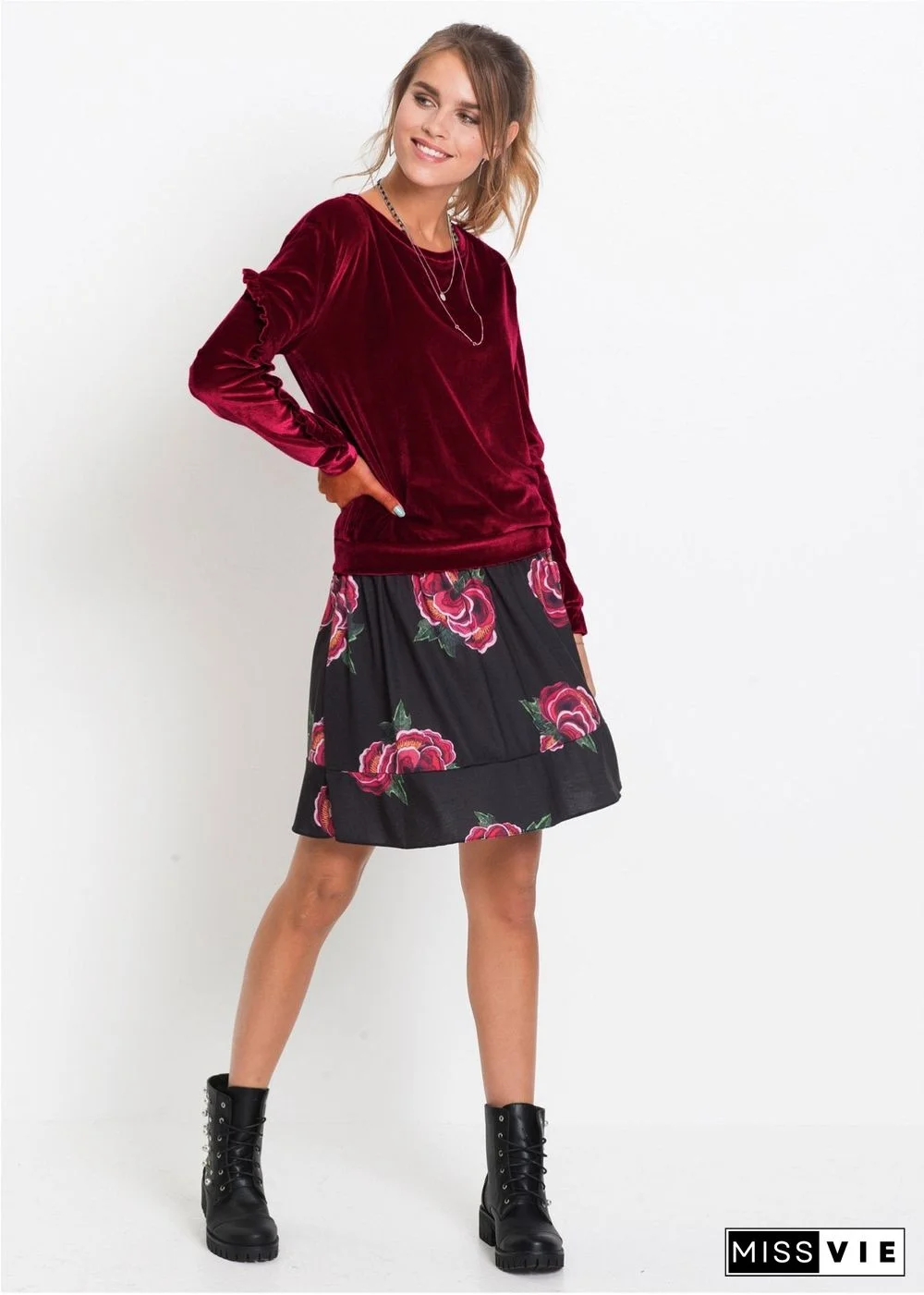 Round Neck Velvet Ruffled Velvet Shirt