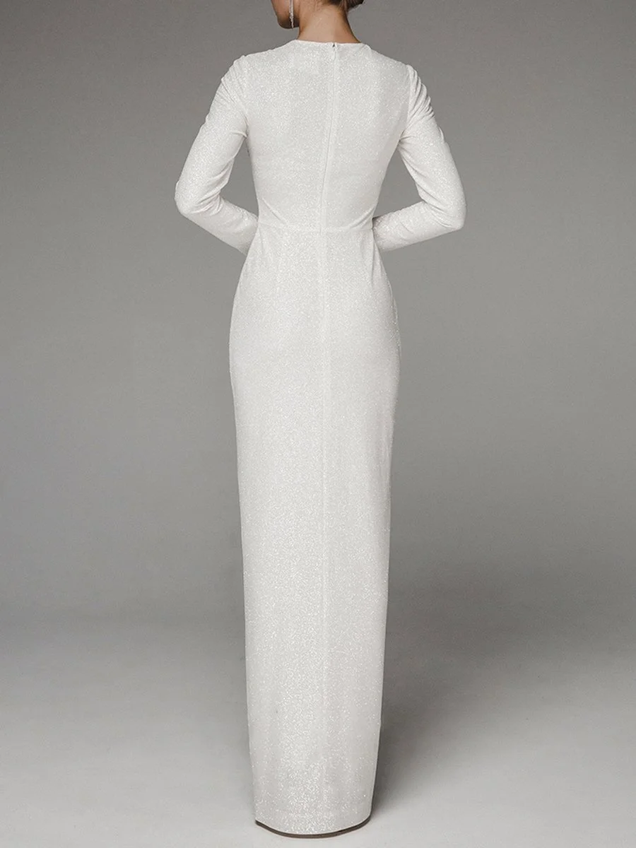 Shiny long-sleeved high-slit maxi dress