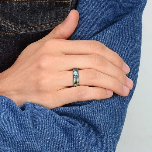 6MM 8MM Women Men Tungsten Domed Silver Rings Multi Color Rainbow Abalone Shell Inlay