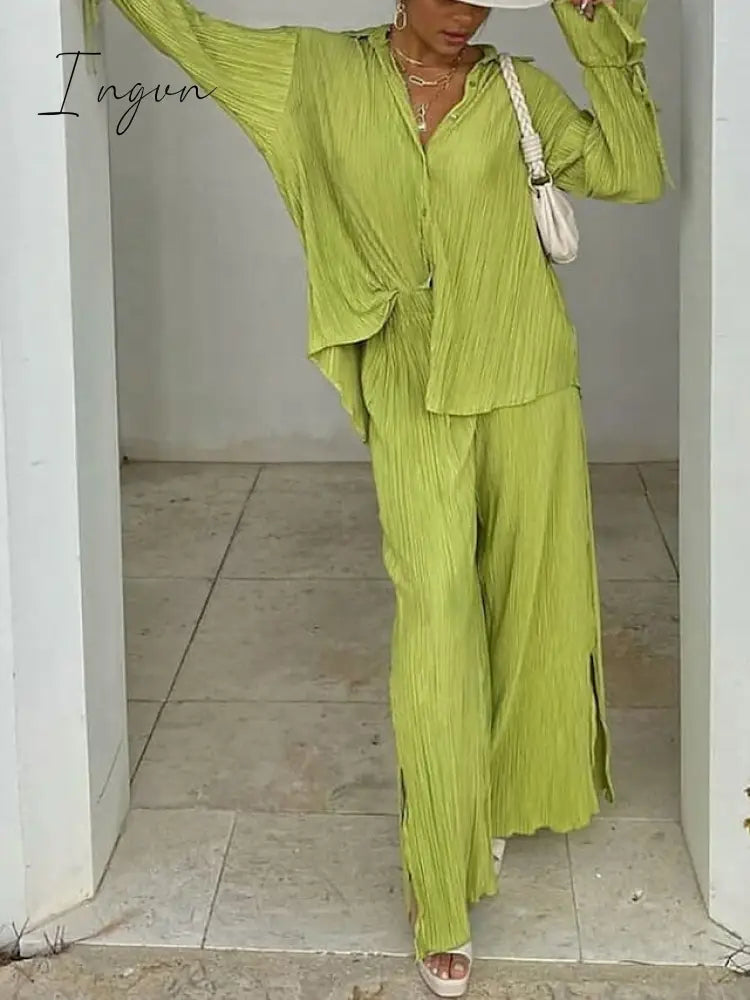 Ingvn - Women’s Shirt Pants Sets Black White Light Green Solid Color Long Sleeve Casual Daily