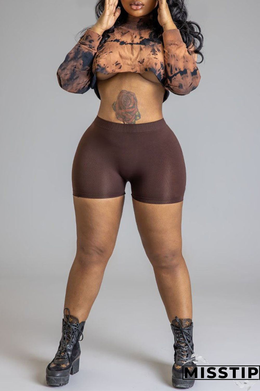 Dark Brown Sexy Casual Print Basic O Neck Long Sleeve Two Pieces