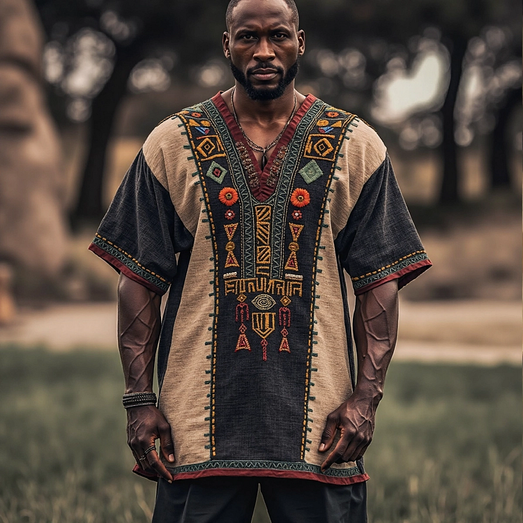 VChics Men's Tribal Geometric Juneteenth Black Pride Art Print Linen T-shirt