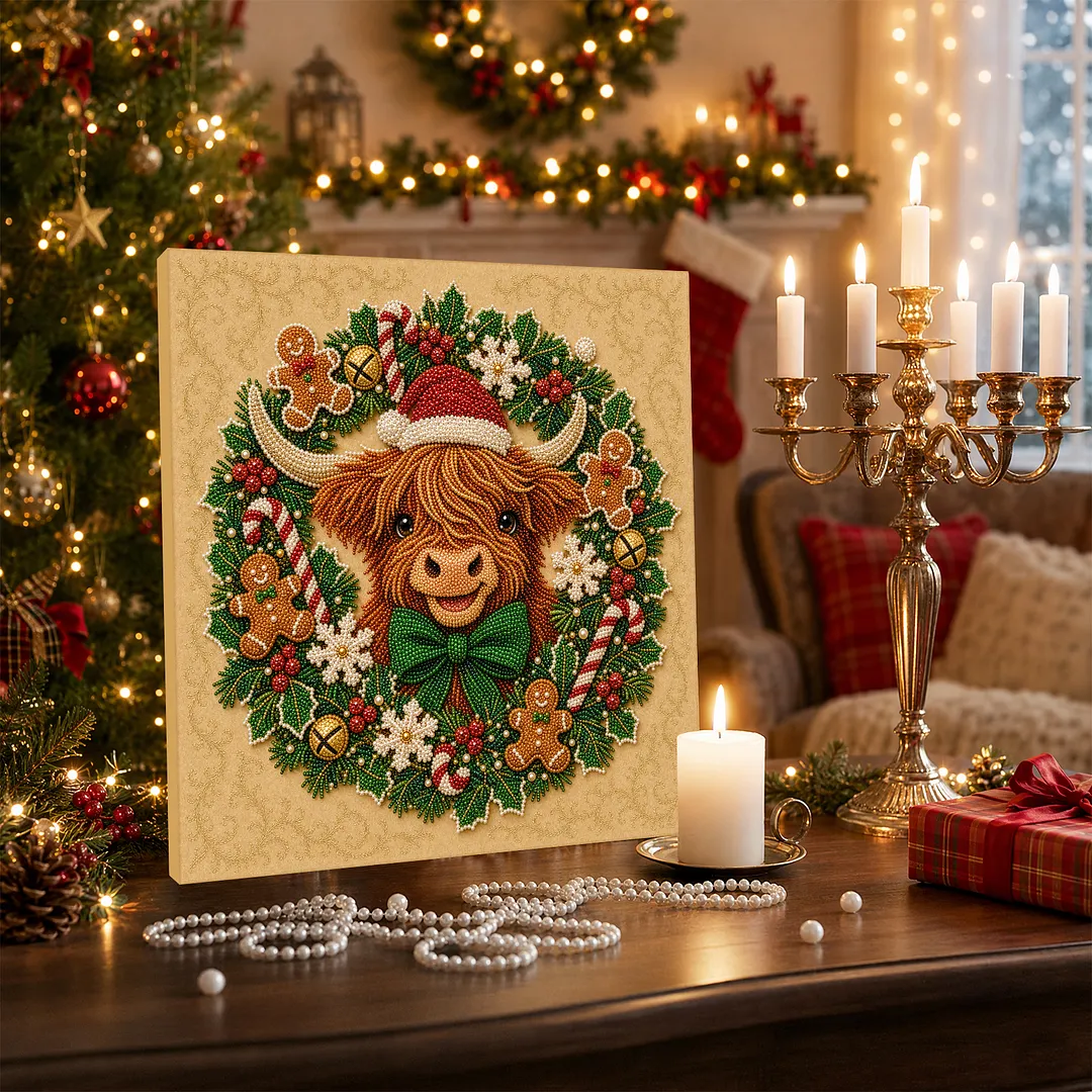 Framed Pearl Painting Kit Scottish Scotland Celtic Cow Christmas Wreath 7.87x7.87in