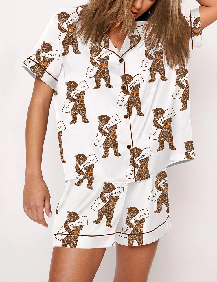 Women's California Bear Hugging California Map Print Pajama Set