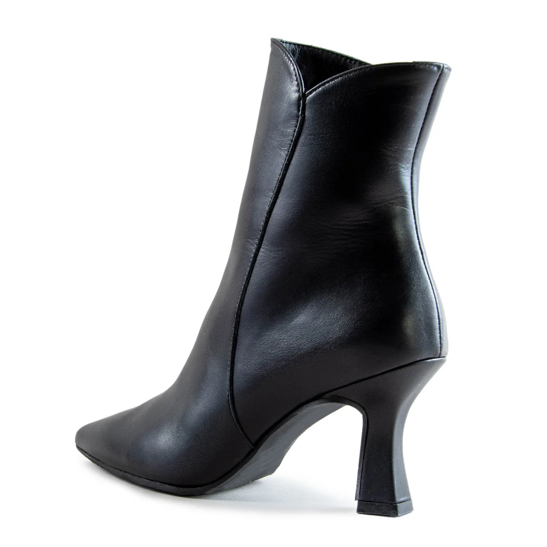Black Vegan Leather Pointed Toe Side-Zip Ankle Boots with Flared Heel
