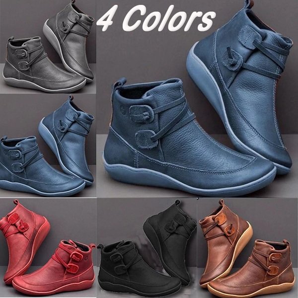 Women's Vintage Leather Boots Braided Strap Flat Heel All Season Boots Waterproof Slip on Shoes 35-43