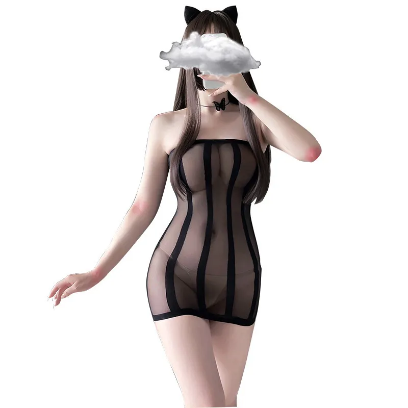 Churchf Sex Lingerie Sexy Striped Chest Passion Temptation Perspective Free To Get Rid Of Body Flirting Bag Hip Short Skirt Net Pajamas