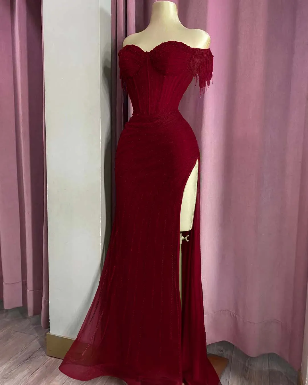 Red Satin Off-the-Shoulder Prom Dress with Crystal Encrusted Fold-Over Neckline