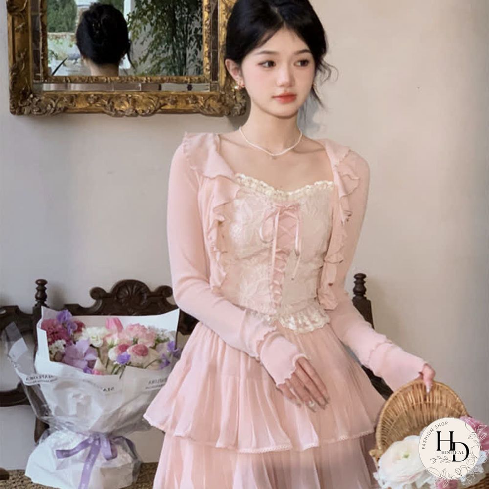 Pure Color Cardigan Lace-up Lace Corset Top Layered Mini Skirt