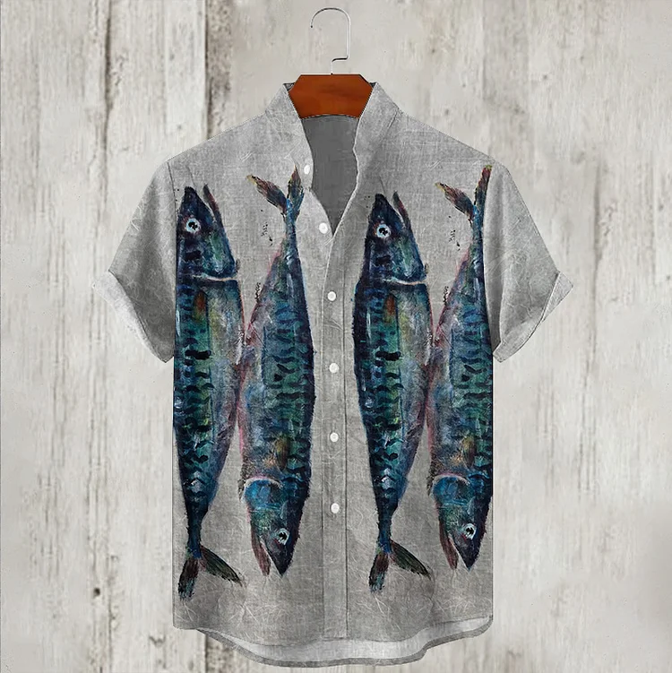 Men's Vintage Fish Art Print Casual Short Sleeve Shirt