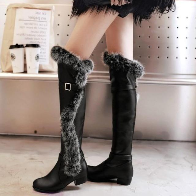 Women's fuzzy knee high boots low heel buckle strap knight boots for winter