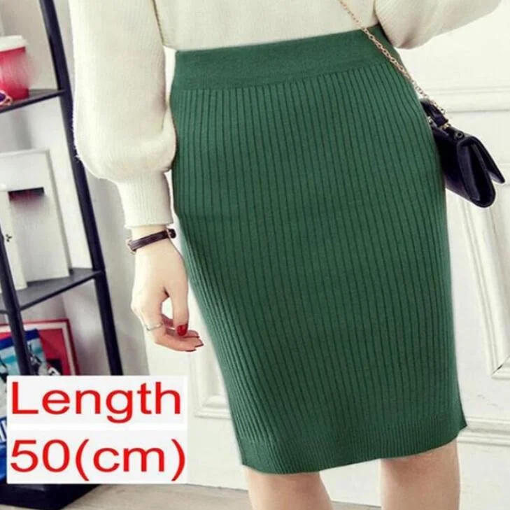 Women Knitted Pencil Skirts Slim Solid Basic Ladies Office High Waist Elegant Midi Skirt 2020 Autumn Winter Warm Womens Skirts