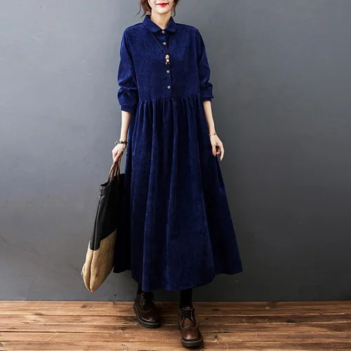 Simple Solid Color Corduroy Maxi Dress