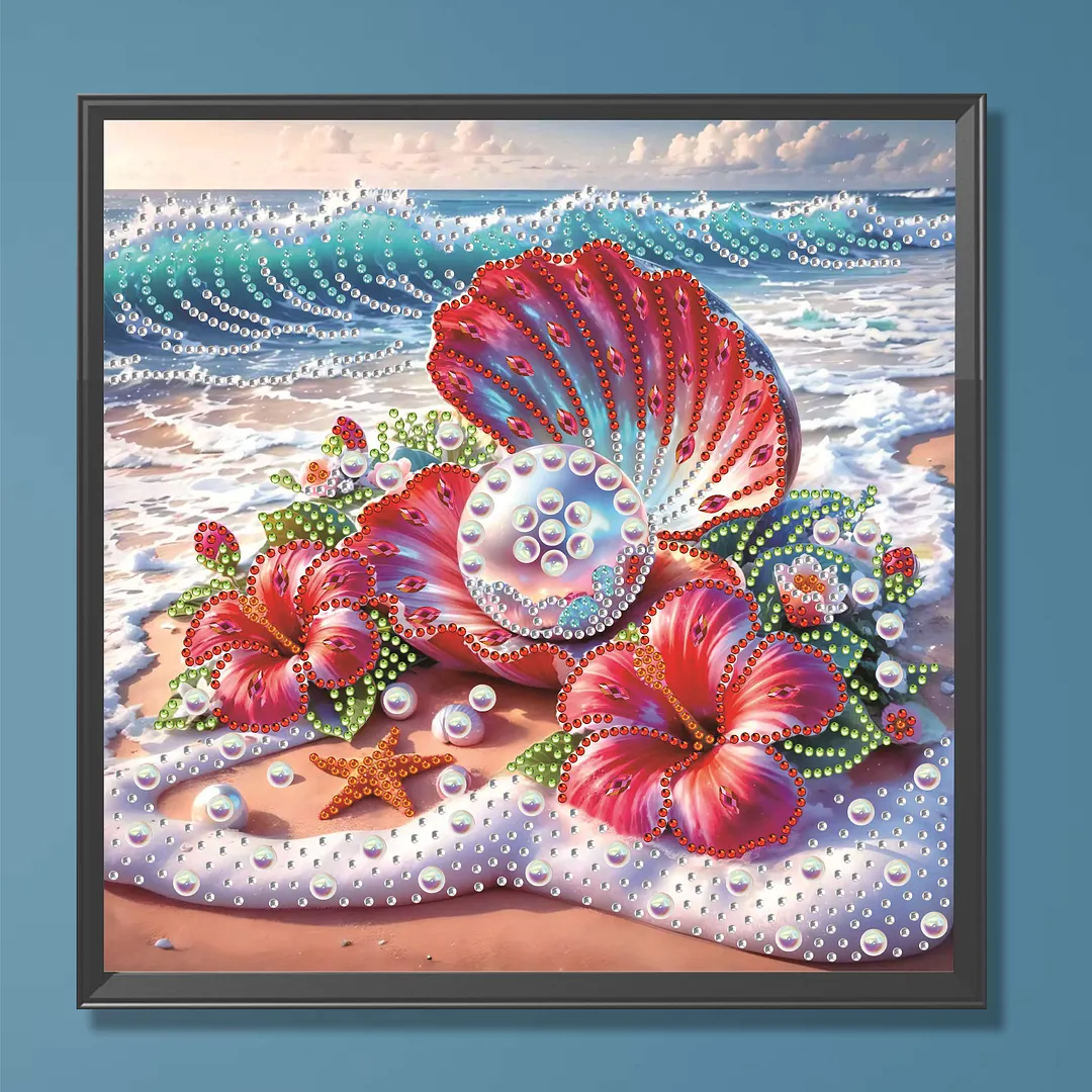 Beach Hibiscus Beaded Decor Special Shaped 5D DIY Partial Drill Diamond Painting Kits for Adults Beginners Home Decor Diamonds Dots Gem Art Kits 11.81 X11.81inch