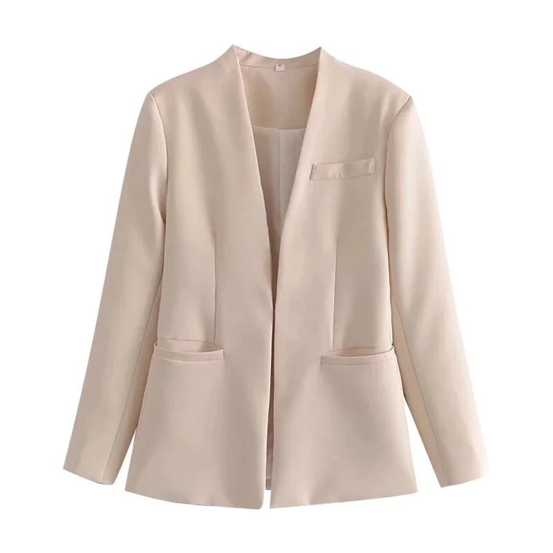 KPYTOMOA Women 2021 Fashion Office Wear Collarless Blazer Coat Vintage Long Sleeve Welt Pockets Female Outerwear Chic Veste