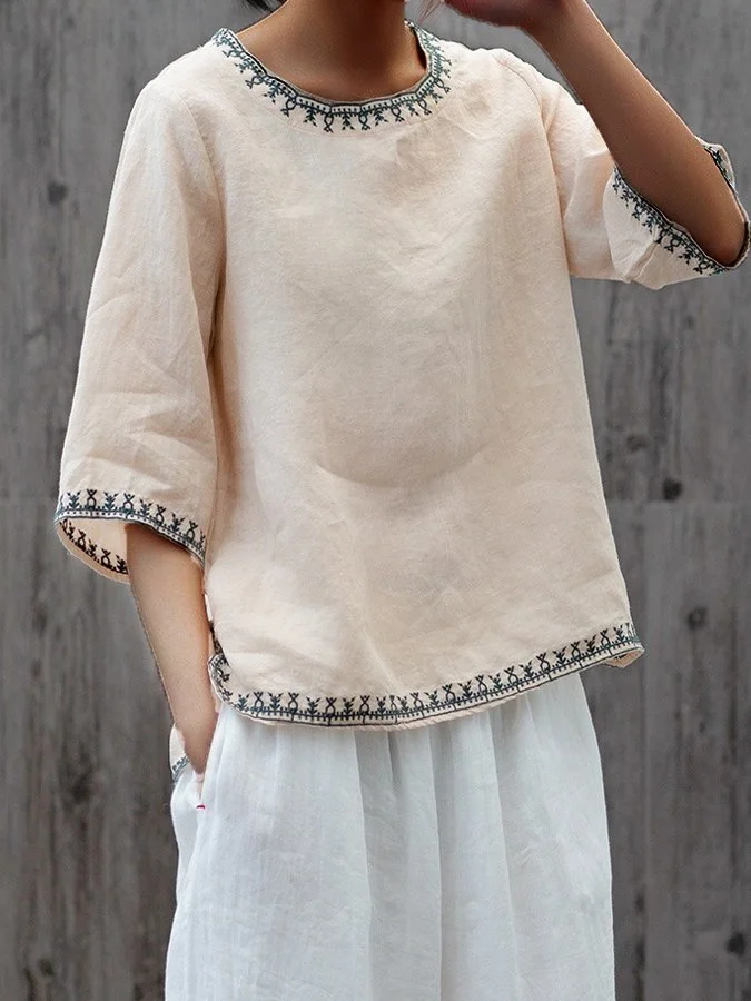 Women's Vintage Cotton Linen Solid Color Embroidery Round Neck  T-shirt
