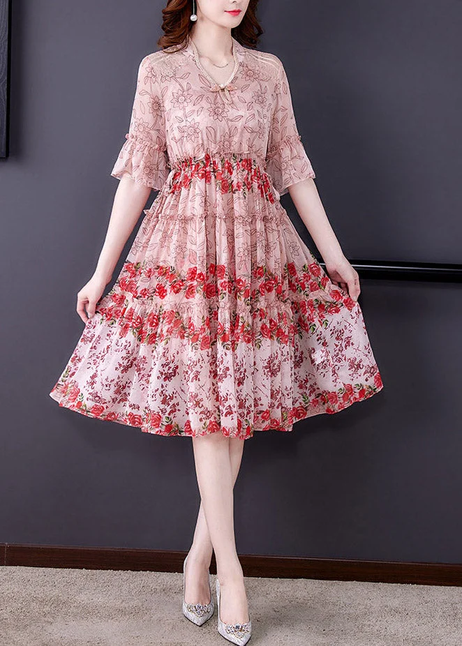 Pink Ruffled Chiffon Long Dress Short Sleeve
