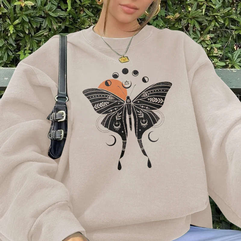 Black Moth Moon Phase Print Women's Pullover Sweatshirt - Neojana