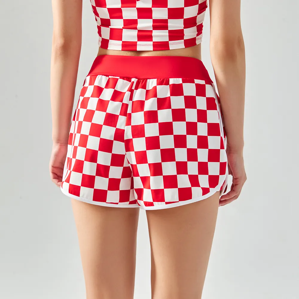 Buy Hergymclothing Red White Plaid high waist split leg opening cool feeling breathable comfort loose running sports fitness shorts with pockets at an affordable price