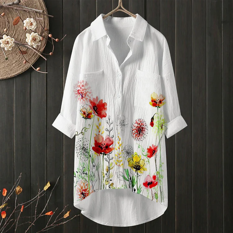 VChics Flower Print Cotton Hemp Shirt Women Linen Blouse