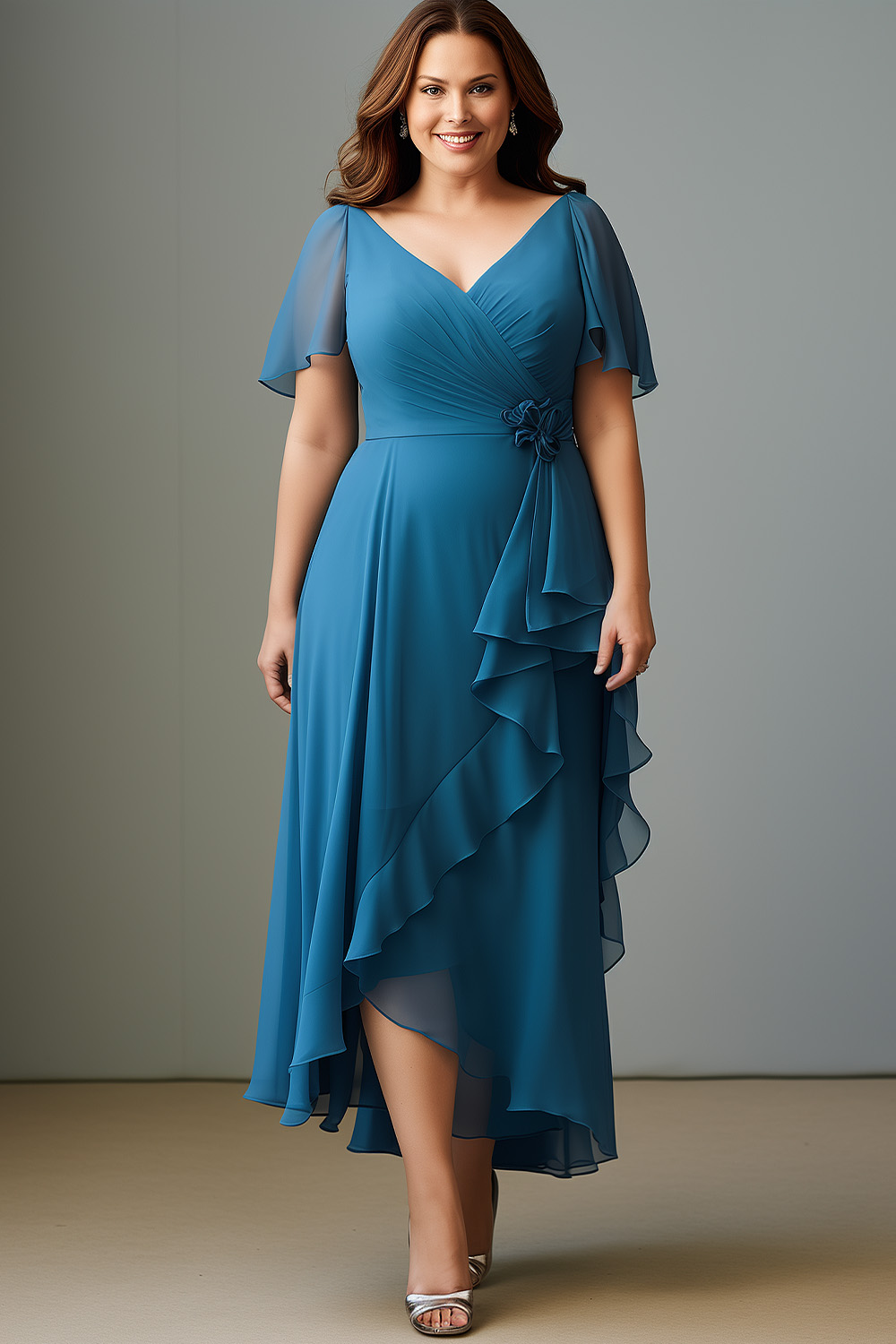 Flycurvy Plus Size Wedding Guest Dark Blue Chiffon Wrap Flutter Sleeve Asymmetrical Hem Maxi Dress 2024 - Flycurvy 
