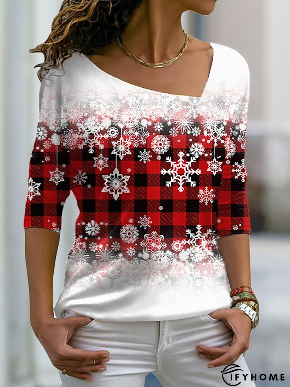 Christmas Snowflake Red Checked/Plaid V Neck T-shirt | IFYHOME