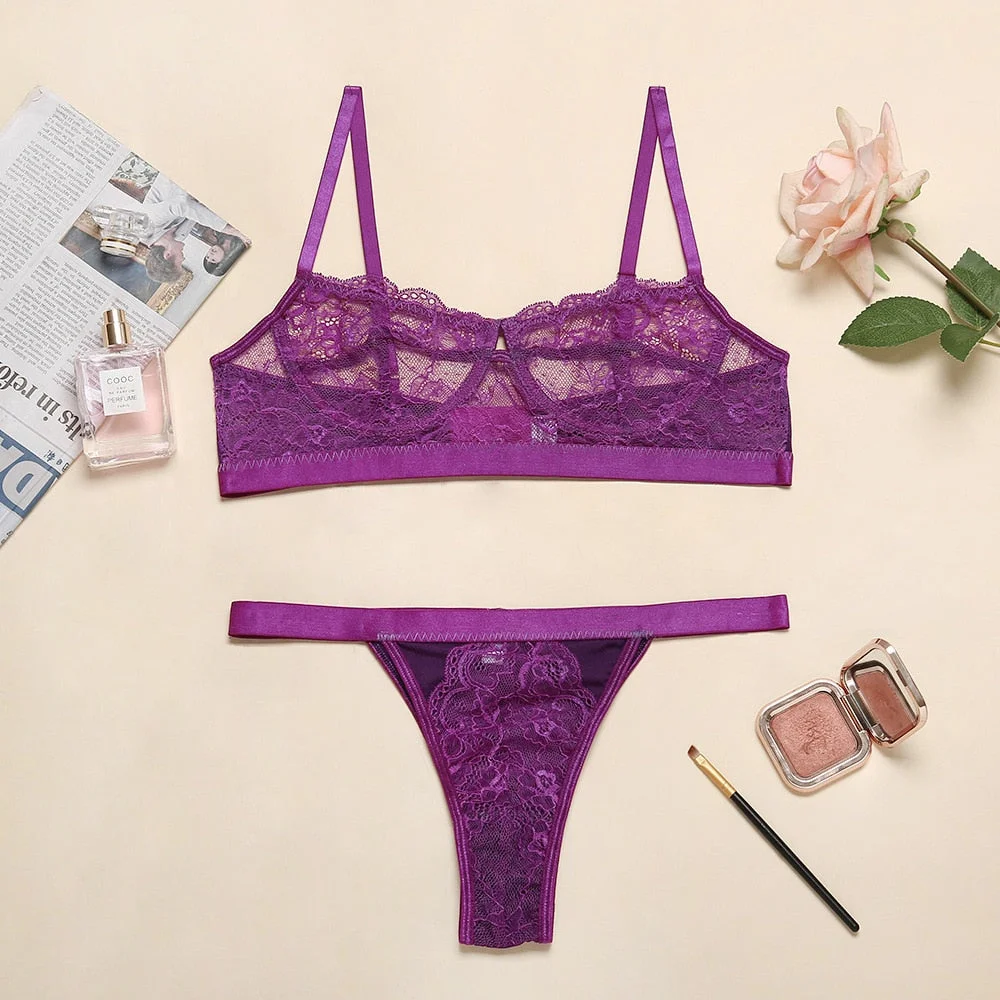 Ellolace Sexy Lace Lingerie Women's Underwear Sensual Solid Brief Sets Wireless Transparent Bra And Panty Exotic Bilizna Set