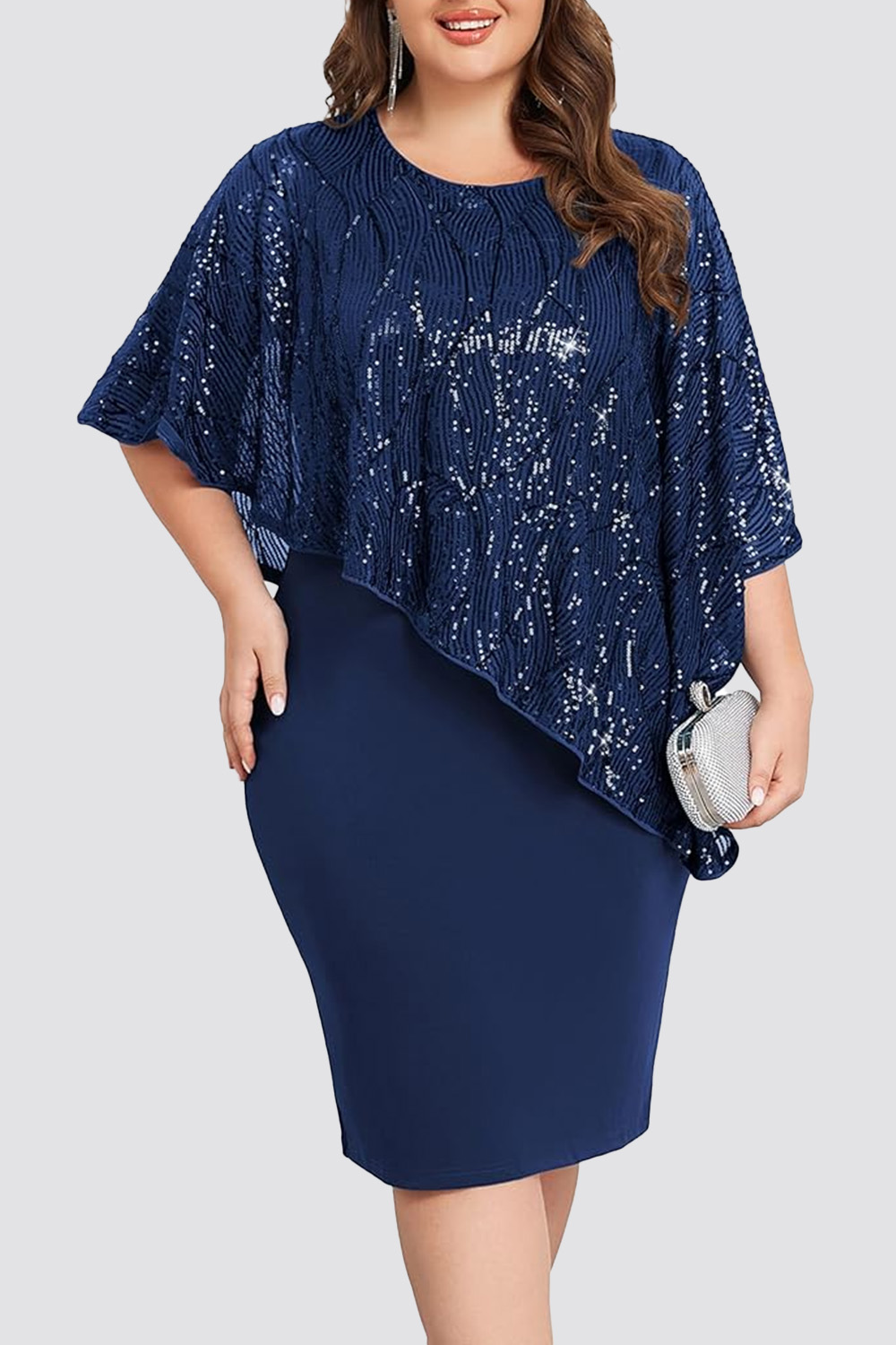 Plus Size Wedding Guest Burgundy Sequin Cape Sleeve Layered Bodycon Midi Dress 2024 - Flycurvy 
