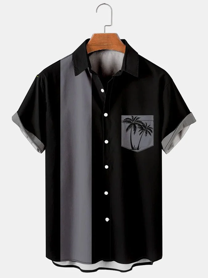 Men's Retro Simple Striped Palm Tree Print Loose Hawaiian Short Sleeve Shirt