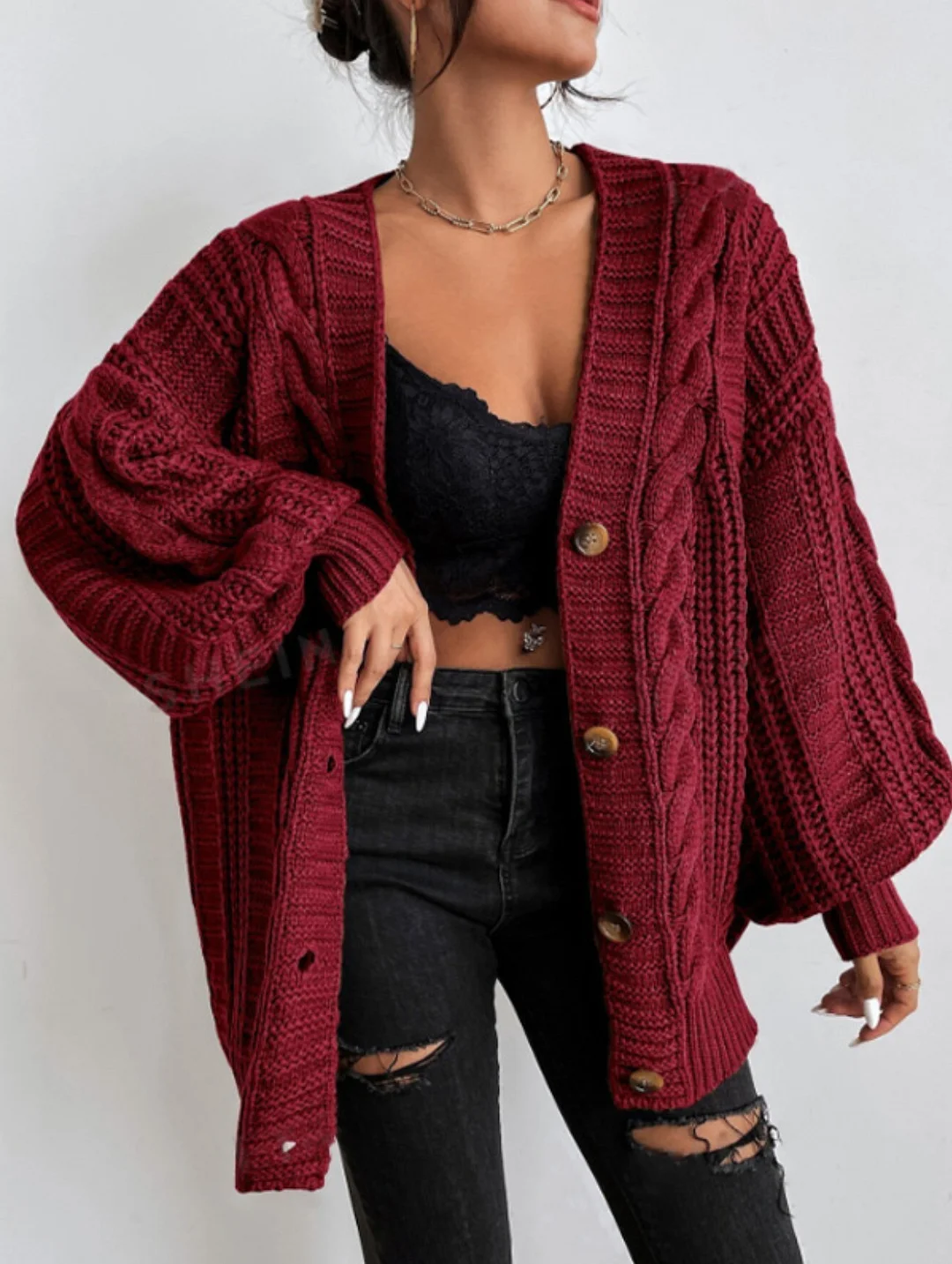 Athvotar Athvotar V-Neck Solid-Colored Open-Shirt Autumn And Winter Lazy Lantern Sleeve Loose Single-Caught Sweater Coat Woman