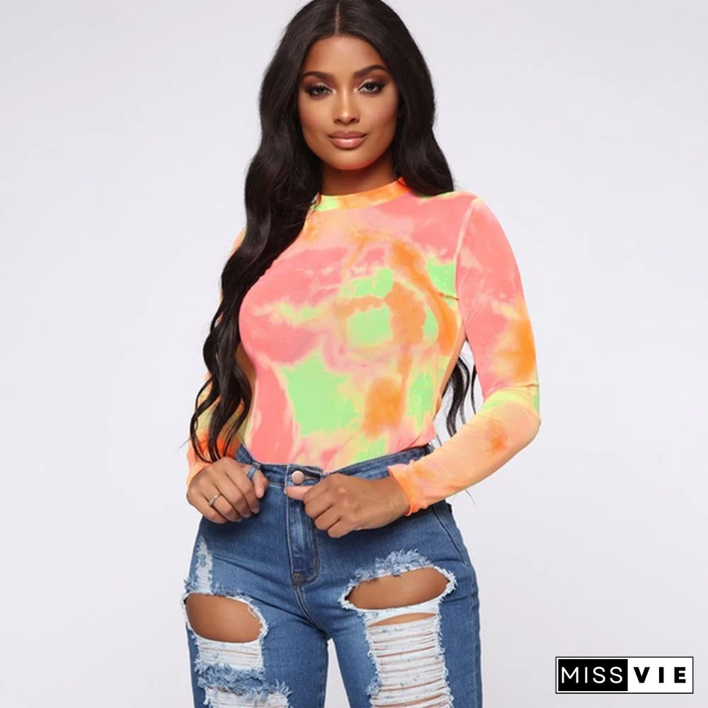 Women Long Sleeve Tie Dye Bodysuit Leotard Tops