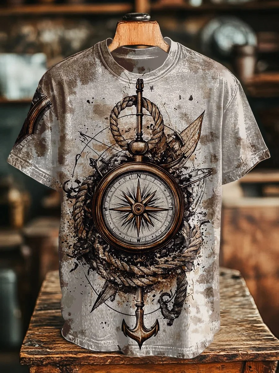 Eagerlys Unisex Retro Nautical Compass Art Print T-shirt Eagerlys
