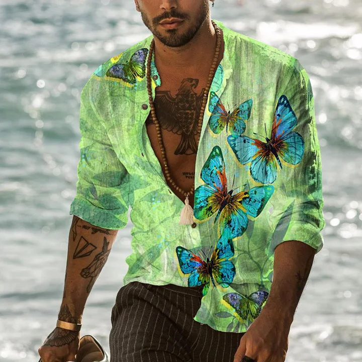 Printed men's cotton linen long sleeved shirt top