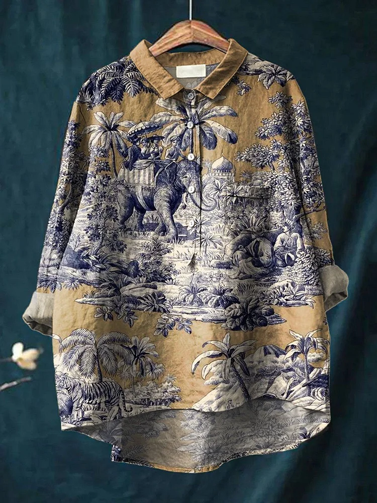 Vintage Ethnic Lovely Elephant Art Print Casual Cotton And Linen Shirt