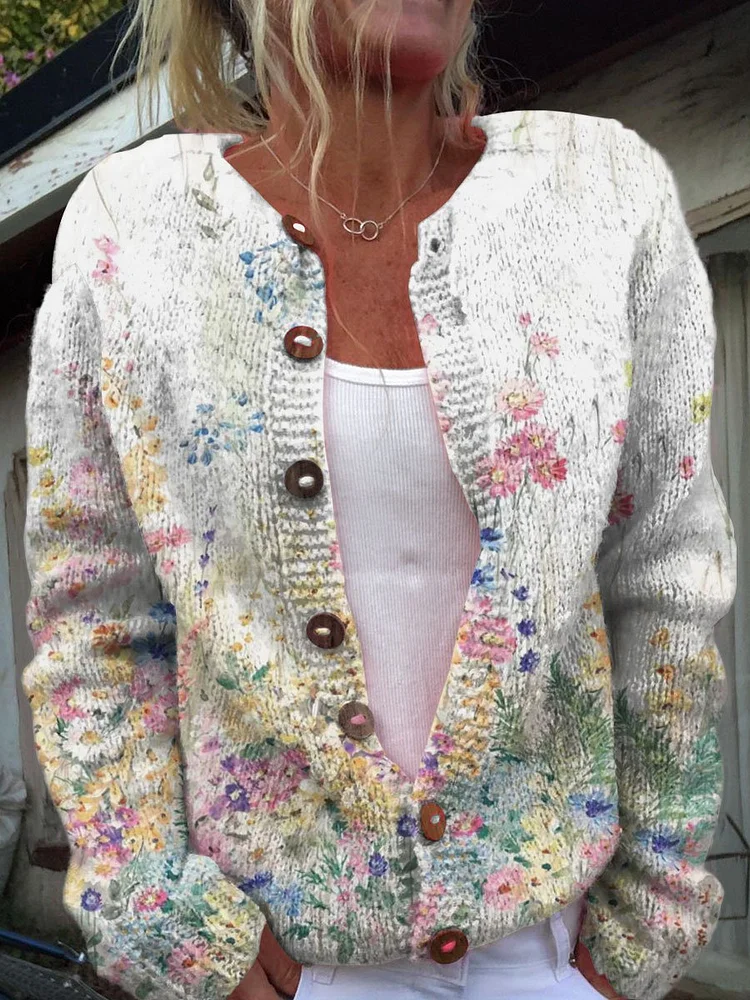Vintage Flower Art Print Buttoned Cardigan Sweater