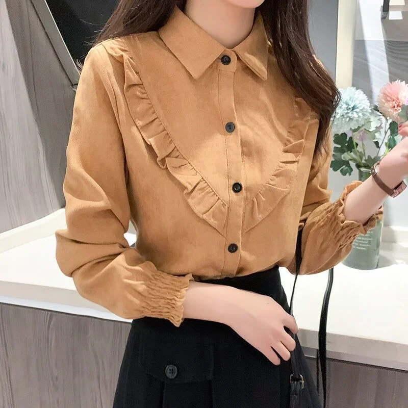 Jangj Spring Autumn New Corduroy Fungus Long-sleeved Shirt Korean New Fashion Elegant Bottoming Shirt Women's OL Casual Blouse