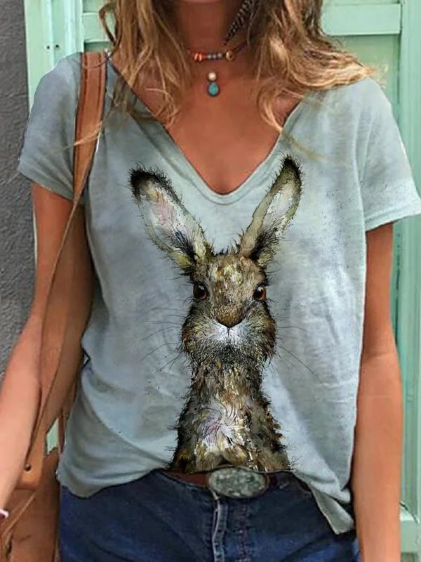 Rabbit Print V-Neck T-Shirt