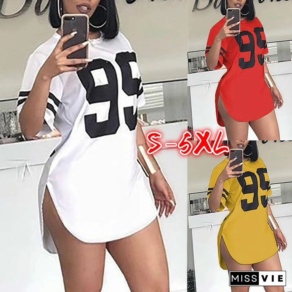Side Split Letter Print Curved Hem Casual Dress Summer Sport Style T Shirt Dress Plus Size