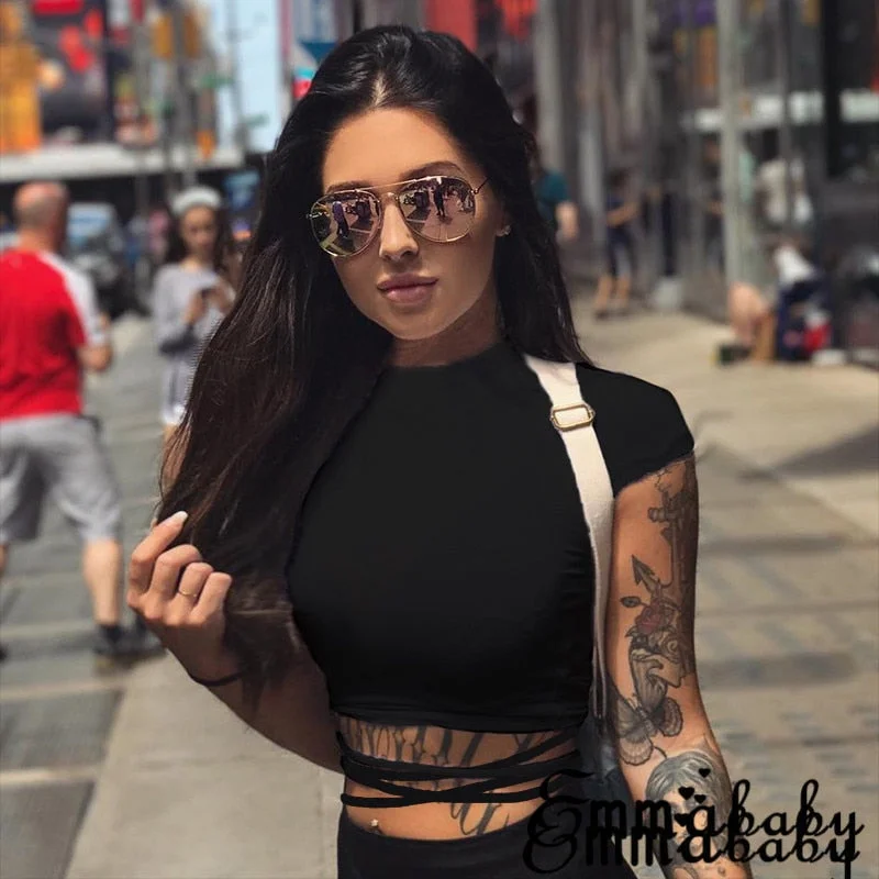 2020 Summer Women Black Short T-Shirts Sexy Crop Tops Short Sleeve Bandage Tee Tops Female Shirts