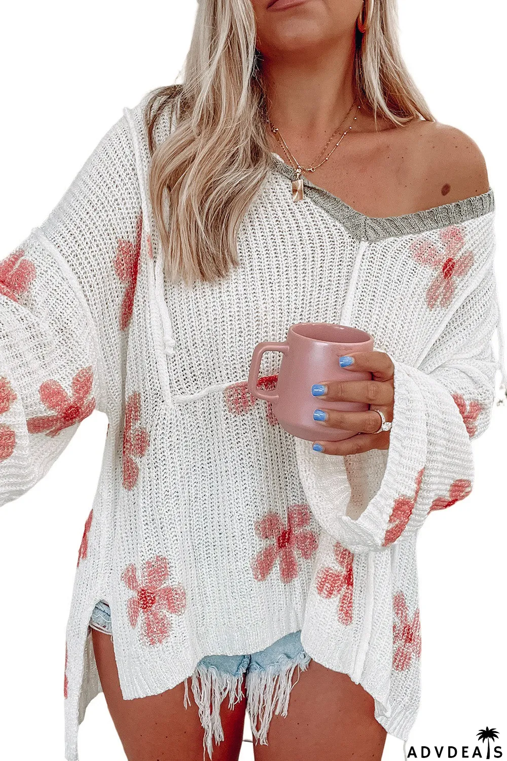 Floral Print Lightweight Knit Hooded Sweater