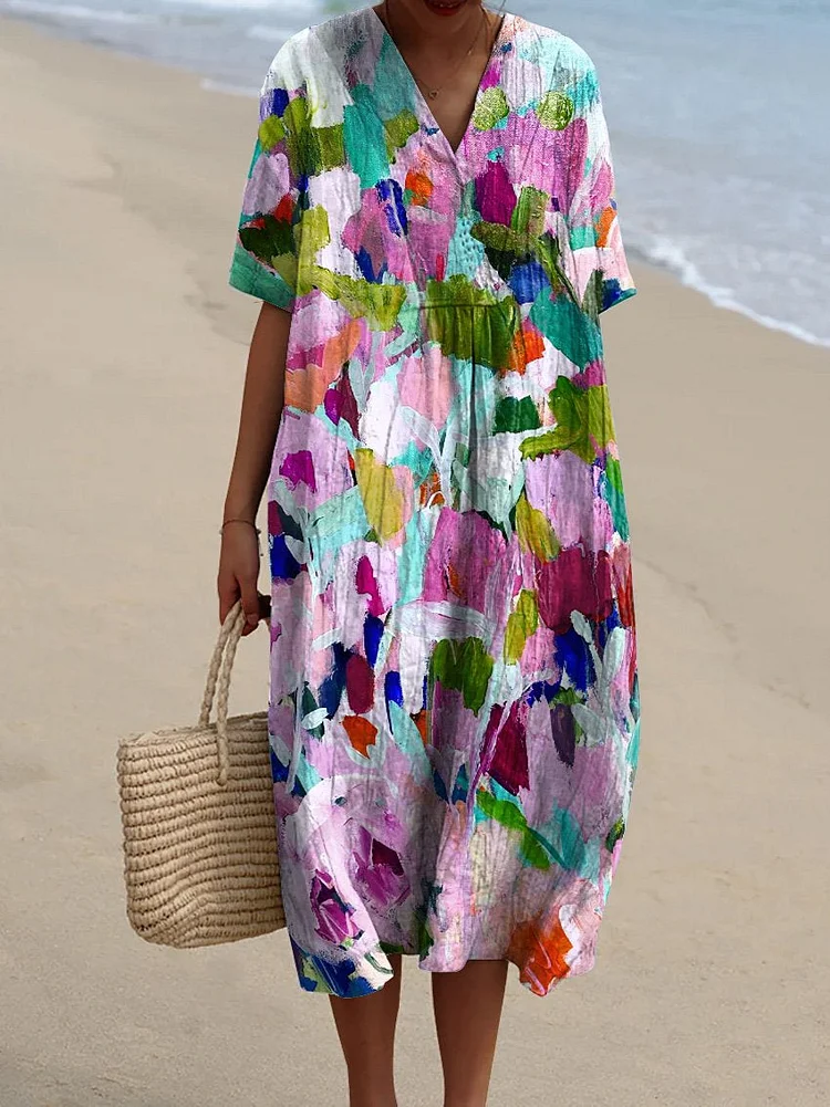 Oil Painting Abstract Floral Garden Printed Women's Flowy Dress
