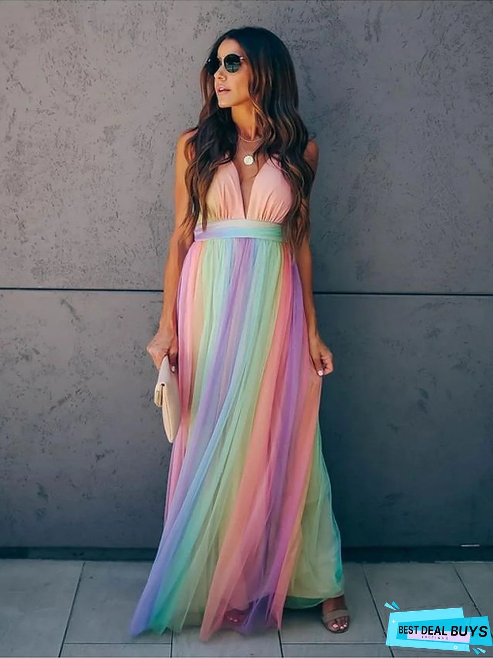 Women's Swing Dress Maxi Long Dress Sleeveless Print Zipper Mesh Summer Sexy Rainbow