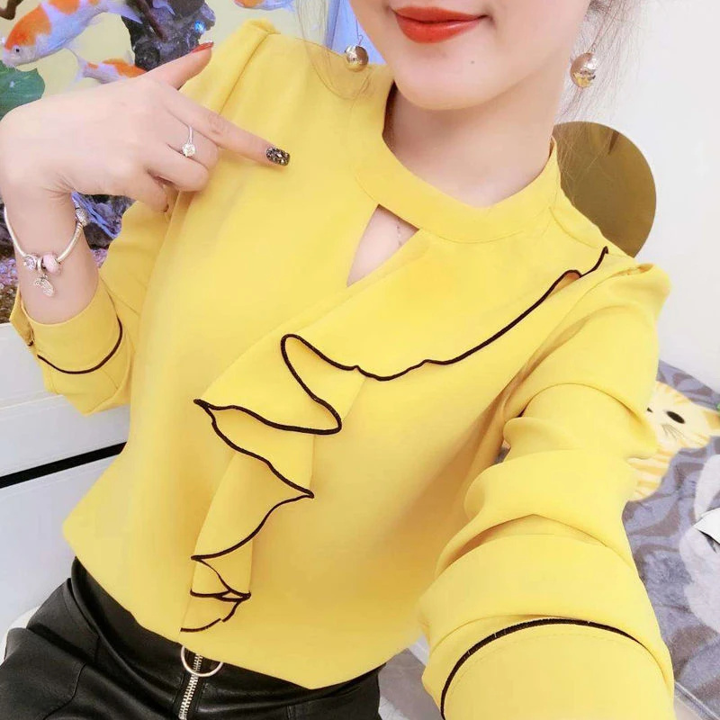 Women Spring Summer Style Chiffon Blouses Shirts Lady Casual Long Sleeve Ruffles Decor Stand Collar Chiffon Blusas Tops