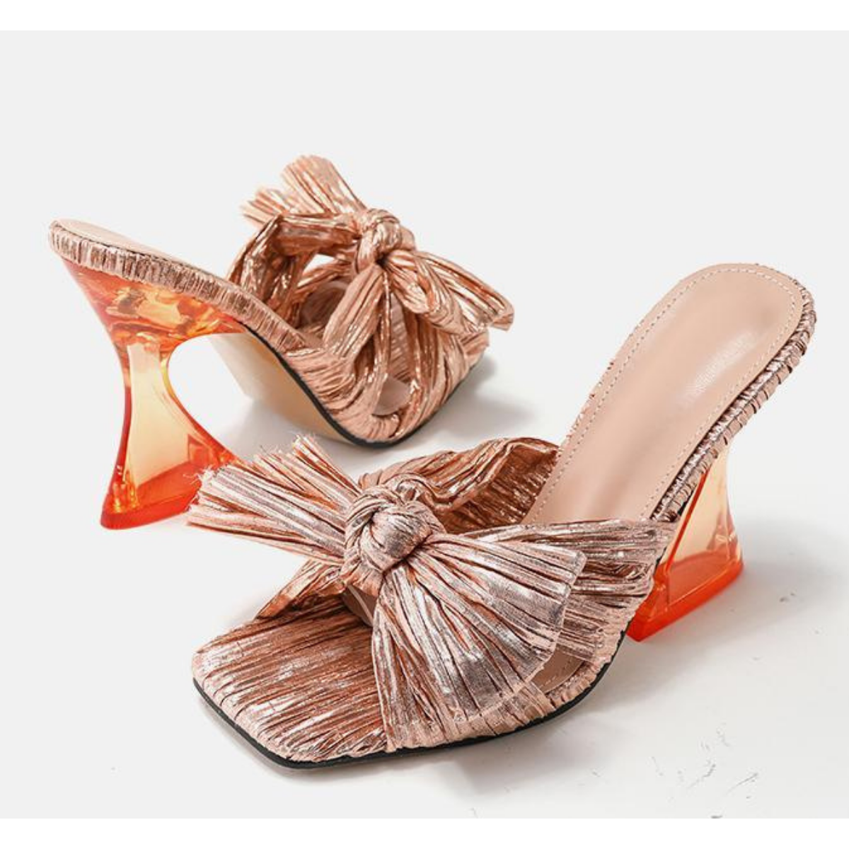 Women's Knotted Bow Heels Square Toe Slippers